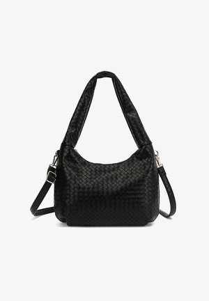 Zwarte handgeweven lederen handtas in hobo-vorm, met een gestructureerd oppervlak, een gevoerde handgreep en een afneembare schouderband.