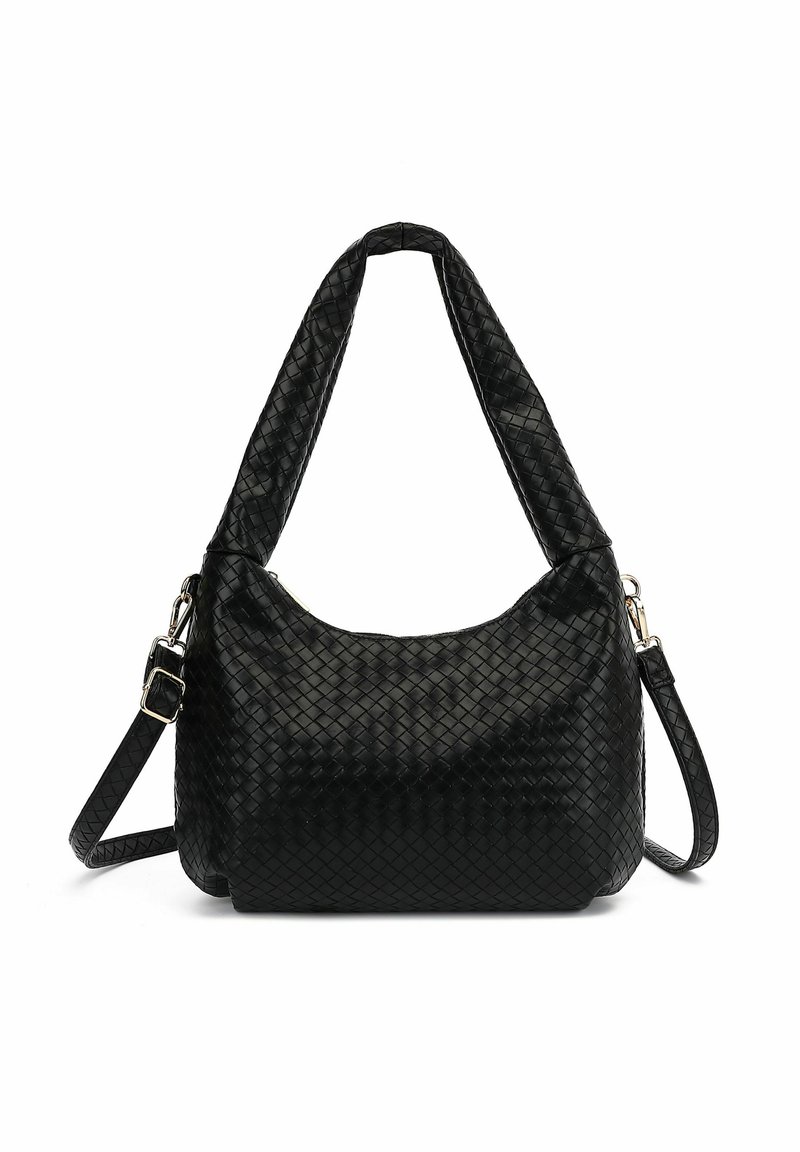 Melnā austā ādas rokassoma ar hobo formu, ar teksturētu virsmu, mīkstinātu rokturi un noņemamu plecu siksnu.