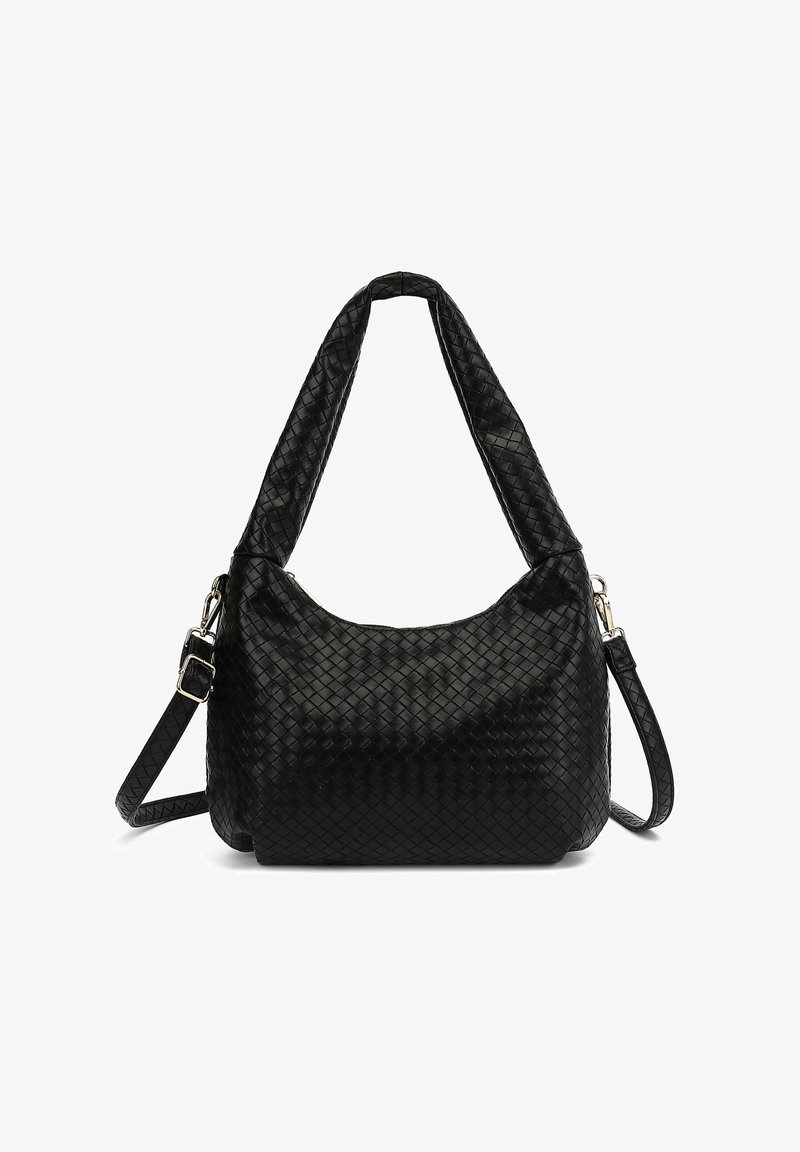 Juodas pintas odinis rankinukas hobo forma, turintis tekstūruotą paviršių, paminkštintą rankeną ir nuimamą peties diržą.