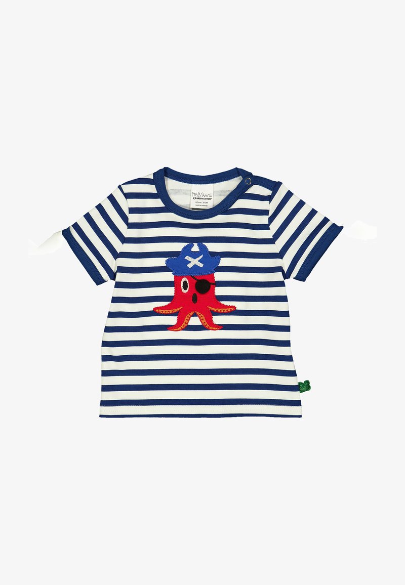 Pruhované bavlněné tričko s krátkým rukávem, na kterém je aplikace červeného pirátského chobotnice s modrou čepicí a černým očním páskem na bílém podkladu.