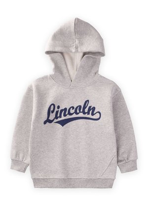 Grafitowy sweatshirt z kapturem z granatowym nadrukiem "Lincoln". Posiada ściągacze przy mankietach i u dołu, miękką teksturę oraz przednią kieszeń kangurką.