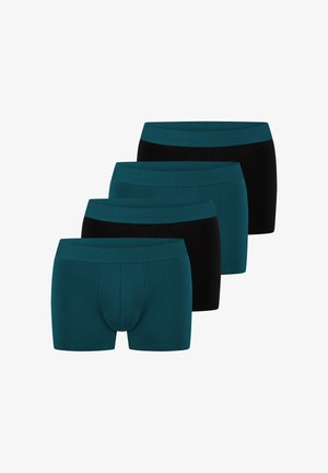 Vier Paar Boxershorts: zwei in Türkis und zwei in Schwarz. Hergestellt aus weichem Stoff, mit einem elastischen Bund und geprägt mit einem detaillierten Logo.