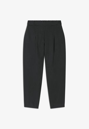 Pantaloni neri a sigaretta con fronte plissettato, vita elasticizzata e texture di tessuto liscia. Presentano un branding discreto sul lato.