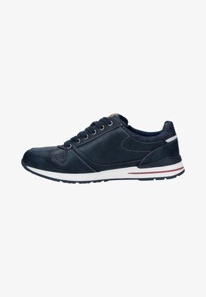 Navy blue leather sneaker with a smooth finish, round toe, five eyelets, perforated accents, and a white rubber sole with red detailing.