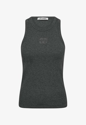 Graues ärmelloses Oberteil aus Strickstoff mit einem runden Ausschnitt und einem dezenten Logodetail auf der Brust. Glatte Textur und taillierte Form.