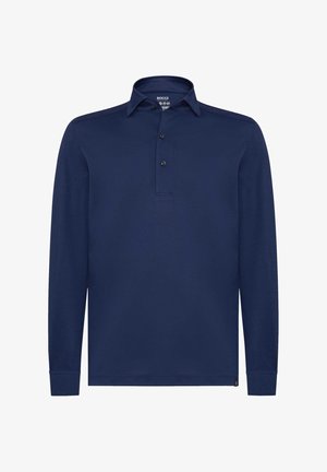 Navy pusero pitkähihaisella kauluksella, joka on valmistettu sileästä kankaasta. Ominaisuuksiin kuuluvat muotoiltu kaulus, neljän napin suljenta ja hihansuut, joissa on jatkuva viimeistely.