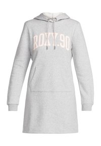 Robe sweat grise avec capuche, poche avant et poignets côtelés. Présente le logo "ROXY.90" en rose clair sur la poitrine. Texture de tissu douce.