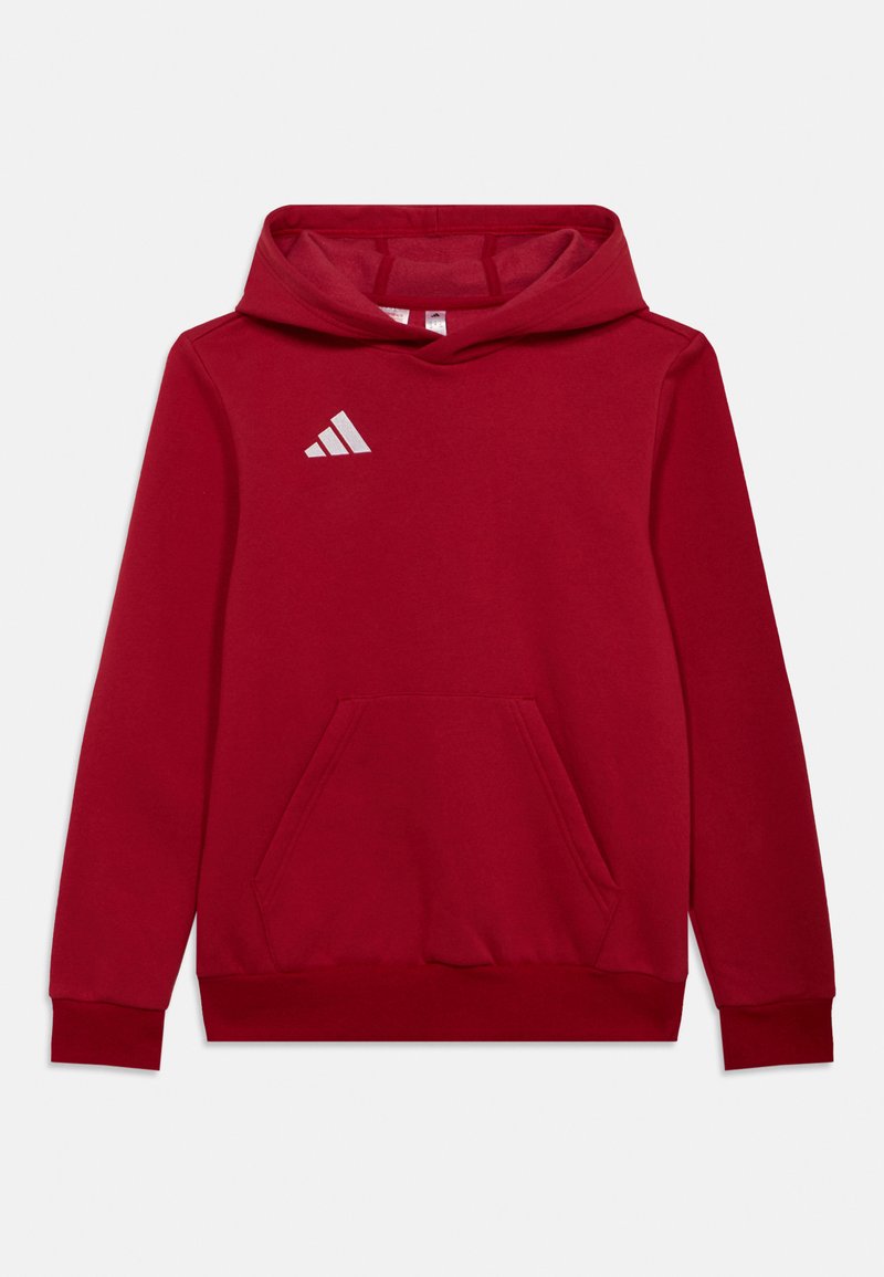 Κόκκινο φούτερ με κουκούλα από βαμβάκι, με μπροστινή τσέπη καγκουρό και λευκό λογότυπο Adidas στο αριστερό στήθος.