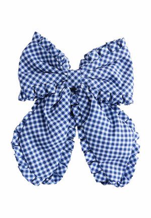 Blue and white gingham fabric bow with ruffled edges and large loops, tied in a classic decorative style.