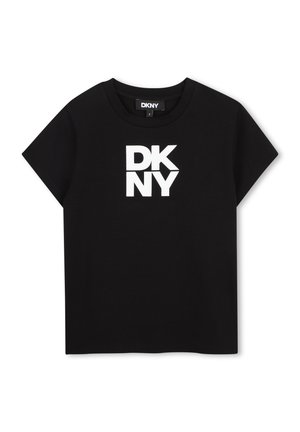 T-shirt noir à manches courtes avec logo DKNY blanc en gras centré sur le devant et col rond.