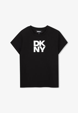 T-shirt noir à manches courtes avec logo DKNY blanc en gras centré sur le devant et col rond.