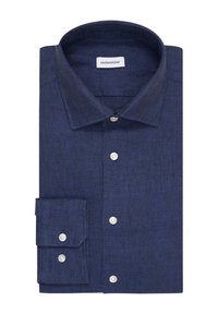 Camicia blu navy con bottoni realizzata in tessuto texturizzato, caratterizzata da un colletto classico, una tasca sul petto e bottoni bianchi.