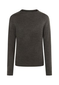 Maglione a maglia grigio scuro con scollatura rotonda, maniche lunghe, polsini e orlo a coste. Presenta una texture liscia e un motivo sottile.