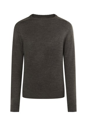 Suéter de punto en gris oscuro con cuello redondo, mangas largas, puños y dobladillo acanalados. Presenta una textura suave y un patrón sutil.