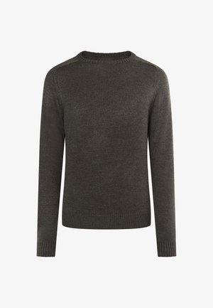 Dark gray knit sweater with a round neckline, long sleeves, ribbed cuffs, and hem. Features a smooth texture and subtle pattern.