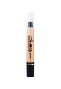 Penna correttore con meccanismo a twist, tubo beige, cappuccio trasparente e fondo nero. Presenta un testo con il marchio sul corpo per l'identificazione.