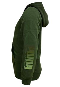 Felpa verde oliva realizzata in morbido tessuto, con tasca a marsupio, cappuccio e la scritta "PUMA ORIGINAL SPORTSWEAR" stampata in oro sulla manica.
