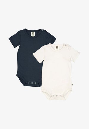 Zwei Babybodysuits: einer in Dunkelblau und einer in Off-White. Mit kurzen Ärmeln, elastischen Ausschnitten, Druckknopfverschlüssen am unteren Ende und aus weichem Baumwollmaterial.