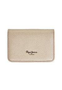 Beige textured leather wallet with a flap closure and embossed logo in metallic lettering. Compact rectangular shape, polished finish.