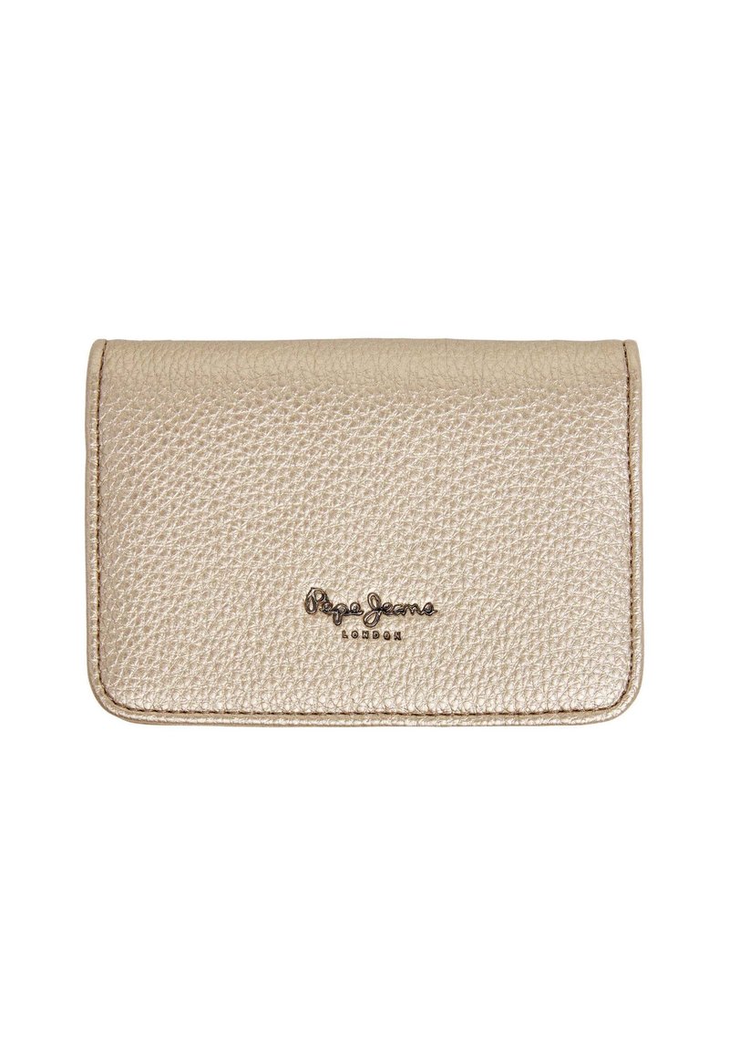 Beige textured leather wallet with a flap closure and embossed logo in metallic lettering. Compact rectangular shape, polished finish.