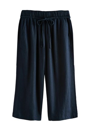 Tumed sinine, linase segu materjalist lühikesed püksid elastse vöökohaga, nööriga ja küljetaskutega. Sujuv tekstuur, lõdva istuvusega.