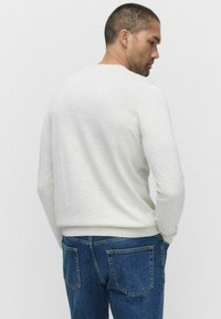 Ljusgrå sweatshirt med långa ärmar, ribbad manschett och fåll, visad bakifrån. Tillsammans med mörkblå jeans i medel tvätt.