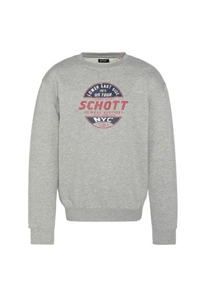 Sudadera gris con cuello redondo, puños acanalados y cinturilla. Presenta un logo en la parte frontal en texto rojo y azul marino y un emblema.