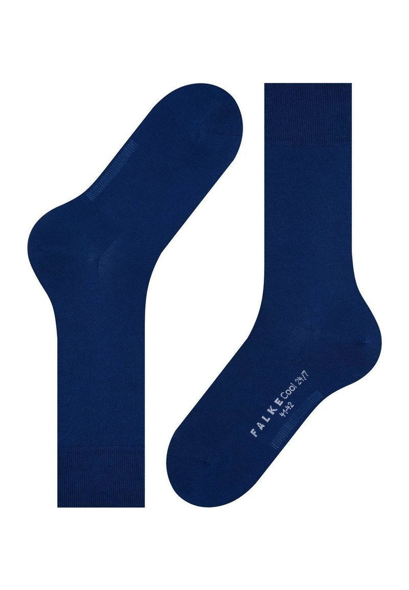 Calcetines de algodón azul marino con una textura suave, que cuentan con puntera y talón reforzados, y un logotipo impreso en la suela. Longitud estándar de media caña.