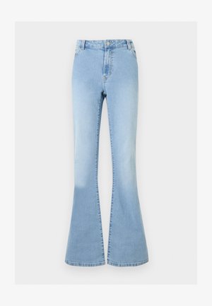 Hellblaue Jeans mit hoher Taille und ausgestellten Beinen, vorne mit Knöpfen und Reißverschluss sowie klassischem Fünf-Taschen-Design.