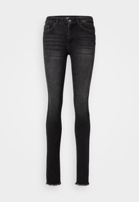 Črne skinny jeans hlače iz denima, ki imajo raztrgan rob, pet žepov in sprednje zapiranje na gumb z zankami za pas.