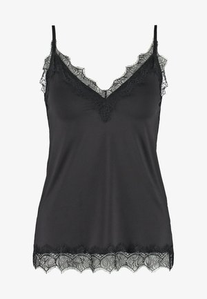 Fekete selymes kamiszol, finom csipke díszítéssel a nyaknál és a szegély mellett, állítható vékony pántokkal és sima textúrával.