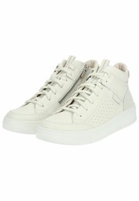 Weiße высокие Sneaker aus Leder, mit strukturierter Oberfläche, durchbrochenen Details, Schnürsenkeln und einem seitlichen Reißverschluss. Gummisohle.