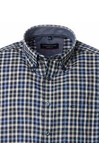 Casual fit shirt met een blauw en beige geruit patroon, met een button-down kraag en blauwe knopen. Zachte stof met een subtiele textuur.