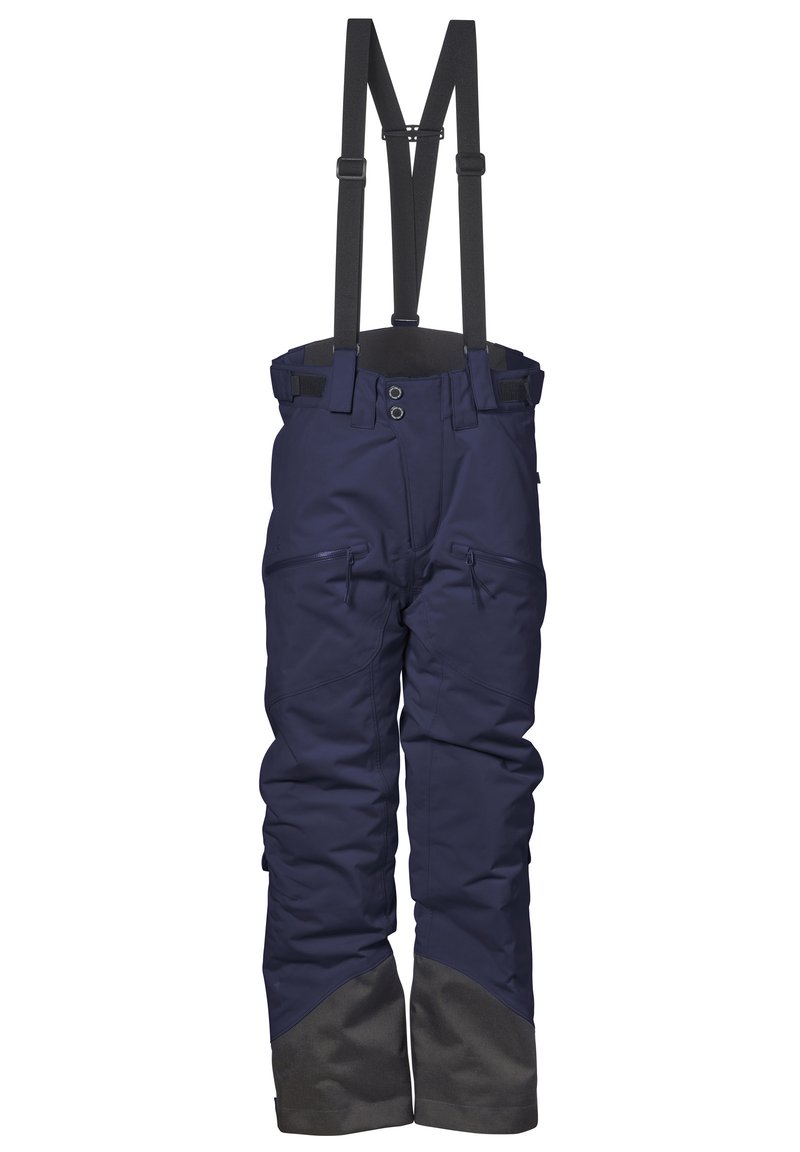 Marina snöbyxor med svarta justerbara hängslen, förstärkta grå muddar, flera zippered fickor och en slät vattentät tygkvalitet.
