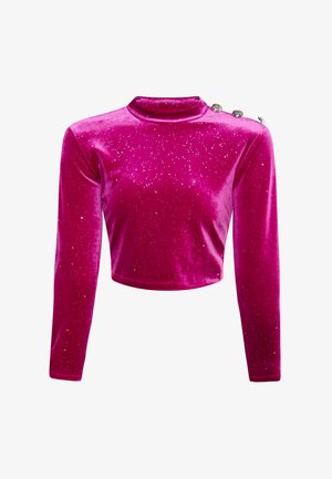 Fuchsia Samtoberteil mit langen Ärmeln und hohem Kragen, das mit schimmernden Funkeln und drei dekorativen Knöpfen an einer Schulter versehen ist.