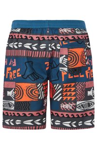 Blauwe zwembroek met een levendig abstract patroon in oranje, wit en roze. Elastische tailleband met decoratieve stiksels en een zijzak.