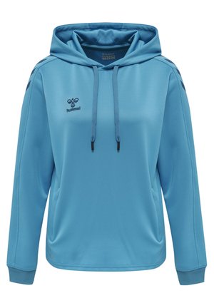 Sweatshirt in Hellblau, aus glattem, synthetischem Material. Mit Kapuze, Kordelzug und Logo auf der Brust. Lange Ärmel mit umgenähten Enden.