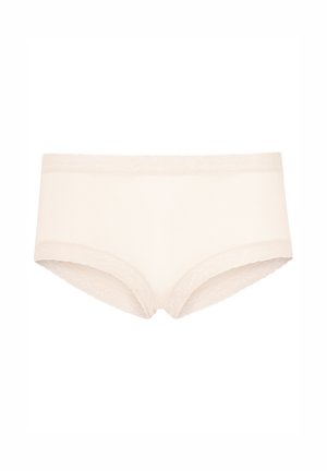 Ljust beige bomullsunderkläder med en slät yta och en delikat spetsmidja. Low-rise design med full täckning bak utan mönster.