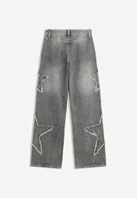 Grey denim wide-leg jeans with frayed star appliqués on the sides, featuring a high waist and classic five-pocket design.