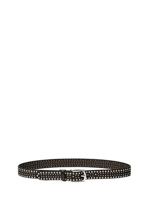 Zwarte leren riem met zilveren studs die gelijkmatig langs de band zijn geplaatst, met een eenvoudige metalen gesp voor sluiting.