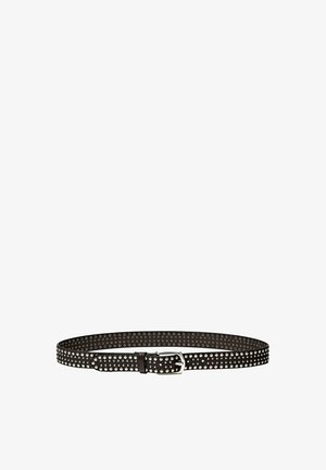 Zwarte leren riem met zilveren studs die gelijkmatig langs de band zijn geplaatst, met een eenvoudige metalen gesp voor sluiting.