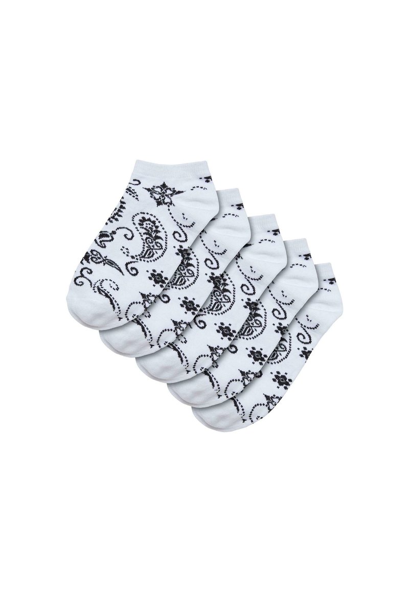 Weiße Knöchelsocken mit schwarzem Blumenmuster, das Wirbel und Sterne enthält. Weicher Stoff, fünf Paare zusammengefasst, abgerundetes Zehen-Design.