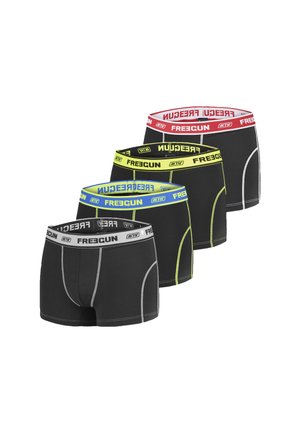 Boxer-briefs noirs avec ceintures élastiques en rouge, jaune et bleu. Présentent des coutures contrastantes et les logos "FREEGUN" et "AKTIV."