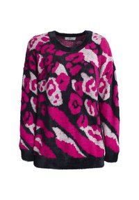 Strickpullover mit einem auffälligen pinken und schwarzen Tiermuster, rundem Halsausschnitt und langen Ärmeln. Weiches, gestricktes Material.