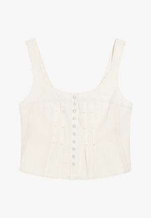 Top corto blanco sin mangas con tirantes anchos, cierre frontal con botones de presión y sutiles plisados verticales.
