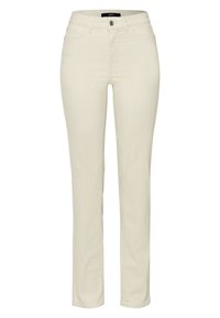 Pantalon beige à jambes droites fabriqué en tissu mélangé de coton, doté d'une fermeture à boutons à l'avant, d'un design à cinq poches et de détails de couture subtils.