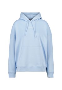 Helle blaue Kapuzenjacke mit Fronttasche, Zugbändern und kleinem weißen Text mit der Aufschrift "Der Botanische Garten" auf der Brust.