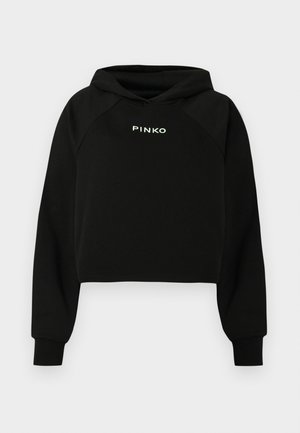 Hanorac negru crop cu glugă ajustabilă, având un logo alb "PINKO" pe piept. Confecționat din material moale, cu manșete ribate.