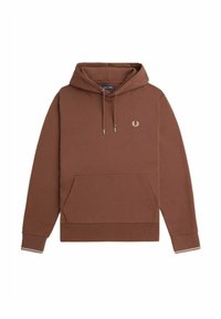 Felpa marrone realizzata in tessuto morbido, con tasca frontale, cappuccio regolabile con cordino e logo ricamato sul petto.