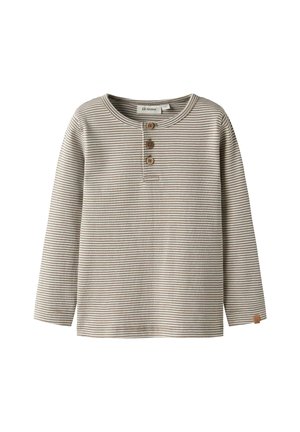 Langarmshirt mit Rundhalsausschnitt, featuring beigen und braunen horizontalen Streifen, drei Holzknöpfen am Ausschnitt und einem strukturierten Stoff.